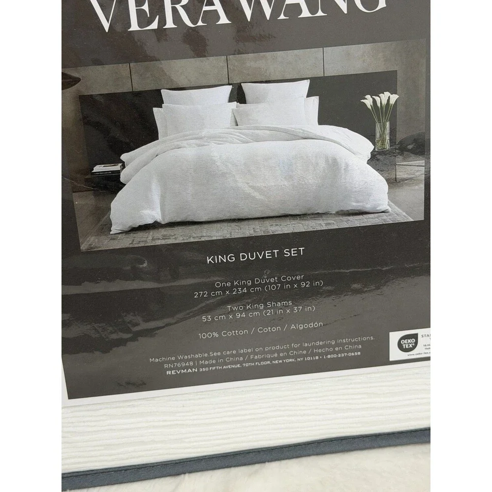 Vera Wang Duvet Cover Set Soft Cotton KING 3 Piece Textured Pleats White